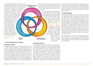 Page 8 • Intelligence Collective - Livre Blanc Retour sommaire
ciologique. Cette propriété demeure dans le cas où la
communauté collaborative a un nombre important
de membres, tels les réseaux sociaux par exemple.
Cela suppose que chacun, de sa place, puisse
intervenir sur la réflexion d’un autre sans
risque d’être mis à l’index, ce qui dans
d’autres fonctionnements a des effets
inhibiteurs sur l’élaboration ou l’ac-
tion. Des échanges non hiérarchiques,
donc, consensuels plutôt que majori-
taires. En effet, si le management
de compromis majoritaire est
une avancée face au mana-
gement autocratique, qui
limite l’intelligence col-
lective à celle de son ma-
nager, il réduit l’élabora-
tion à l’intelligence de
la majorité, ce qui reste
bien moindre que ce que
peuvent produire l’en-
semble des collaborateurs
orientés par un leadership
en Intelligence Collective (voir
Quel leadership pour
l’Intelligence Collec-
tive ?).
c. Une dynamique en trois temps
Élaboration collective
Ce premier temps est souvent conséquent en termes de temps.
Le deuxième temps, décisionnel, est généralement bref et le
troisième, consacré au travail collaboratif, est proportionnel à la
tâche à entreprendre. Pour être efficiente, cette dynamique doit
trouver son équilibre entre les principes de réalité et de plaisir.
Dans cette perspective, le cadre et les contraintes ne sont pas
des freins à l’Intelligence Collective, au contraire. De même, le
plaisir et la créativité sont fortement conseillés. Tous ceux qui ont
fait ce type d’expérience de travail collaboratif, notamment les
Groupes Yes we can témoignent souvent qu’il se dégage de cette
première étape un consensus qui a un réel effet de satisfaction
sur chaque collaborateur et une efficience opérante en-
vers le but à atteindre collectivement. C’est d’ailleurs
dans cet esprit qu’a été élaboré ce Livre blanc (voir
L’écriture collaborative, voyage au cœur des vraies
questions).
La phase d’élaboration porte généralement
sur l’élaboration d’une vision partagée
(voir La dynamique de vision partagée).
Elle demande courage managérial et ri-
gueur. En effet, il faut avoir l’audace
de céder le pouvoir de réflexion
et d’élaboration au groupe, à
l’équipe ou au réseau et d’y
consacrer du temps (voir
Prenez le temps de libérer
l’Intelligence Collective).
La gestion du temps est
fondamentale car l’Intelli-
gence Collective n’émerge
que dans des contraintes
temporelles précises, faites
de souplesse et de fermeté. Un
environnement techniquement
augmenté (par l’ordi-
nateur, internet, des
tableaux interactifs,
etc.) est un accéléra-
teur indéniable.
Le temps de la décision
C’est le deuxième temps. À ce stade deux cas sont possibles :
(1) soit la décision est évidente, conforme au principe de réalité
et à l’élaboration consensuelle ; elle émerge et est prise collecti-
vement de manière naturelle ; (2) soit il apparaît que le consen-
sus est impossible à terme. La décision nécessite alors l’arbitrage
d’une pratique indispensable : la « dictature » de la compétence
pour la décision et le passage à l’action. Le terme semble un
peu fort, mais associé à la compétence, il devient pertinent. Car
cela n’a évidemment rien à voir avec la dictature au sens des
dérives politiques aux conséquences tragiques. Ici, à l’instar de
l’empowerment, c’est le plus compétent dans le domaine de la
problématique traitée qui arbitre et amène la décision, quelle
que soit sa position hiérarchique. De fait, cette dictature de la
compétence est tournante et dépend des thématiques traitées.
À ce titre, on ne peut la personnifier dans une figure dictatoriale
et devient a contrario une garantie face aux autres dictatures
(du chef, de l’expertise, etc.) qui elles, sont toxiques pour l’Intel-
ligence Collective.
Le travail collaboratif
C’est le troisième et dernier temps. Il est orienté par le leadership
de l’Intelligence Collective et suppose une pleine autonomie
des acteurs. Parmi toutes les expériences que nous avons me-
nées, même si les autorités hiérarchiques demeurent, c’est le
mode de management qui fait l’objet d’un changement radical.
La confiance entre les collaborateurs est optimisée mais la vigi-
lance est partagée entre le manager et le collaborateur le plus
compétent dans le domaine. Autorité statutaire et autorité de
compétence ne s’opposent plus mais se complètent car chacun
est reconnu et valorisé à la place qu’il occupe. Le dirigeant de ce
type d’organisation intelligente et apprenante n’est plus un sa-
chant tout-puissant, mais un Sujet au service de la communauté
collaborative qu’il dirige, entouré de collaborateurs qui sont des
Sujets experts dans leur domaine sur lequel il prend appui pour
réussir collectivement.
Cela suppose donc un renversement des réflexes managériaux
dans les organisations, voire une révolution managériale qui né-
cessite d’acquérir de nouvelles compétences qui ont cependant
l’énorme avantage de créer un équilibre entre vie professionnelle
et vie personnelle.
Imaginaire
Réel Symbolique
 