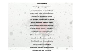 SONETO XXIII
En tanto que de rosa y azucena
se muestra la color en vuestro gesto,
y que vuestro mirar ardiente, honesto,
con clara luz la tempestad serena;
y en tanto que el cabello, que en la vena
del oro se escogió, con vuelo presto
por el hermoso cuello blanco, enhiesto,
el viento mueve, esparce y desordena:
coged de vuestra alegre primavera
el dulce fruto antes que el tiempo airado
cubra de nieve la hermosa cumbre.
Marchitará la rosa el viento helado,
todo lo mudará la edad ligera
por no hacer mudanza en su costumbre.
Garcilaso de la Vega (1501-1536)
 