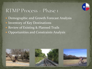 —  Demographic	
  and	
  Growth	
  Forecast	
  Analysis	
  
—  Inventory	
  of	
  Key	
  Destinations	
  
—  Review	
  of	
  Existing	
  &	
  Planned	
  Trails	
  
—  Opportunities	
  and	
  Constraints	
  Analysis	
  
 