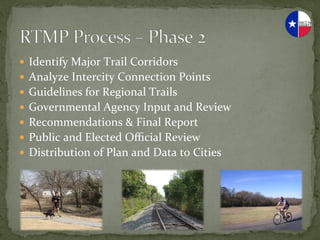 —  Identify	
  Major	
  Trail	
  Corridors	
  
—  Analyze	
  Intercity	
  Connection	
  Points	
  
—  Guidelines	
  for	
  Regional	
  Trails	
  
—  Governmental	
  Agency	
  Input	
  and	
  Review	
  
—  Recommendations	
  &	
  Final	
  Report	
  
—  Public	
  and	
  Elected	
  Oﬃcial	
  Review	
  
—  Distribution	
  of	
  Plan	
  and	
  Data	
  to	
  Cities	
  
 