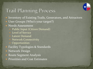 —  Inventory	
  of	
  Existing	
  Trails,	
  Generators,	
  and	
  Attractors	
  
—  User	
  Groups	
  (Who’s	
  your	
  target?)	
  
—  Needs	
  Assessment	
  
   —    Public	
  Input	
  (Citizen	
  Demand)	
  
   —    Level	
  of	
  Service	
  
   —    Latent	
  Demand	
  
   —    Network	
  Connectivity	
  
   —    Opportunities	
  
—  Facility	
  Typologies	
  &	
  Standards	
  
—  Network	
  Design	
  
—  Route	
  Segment	
  Analysis	
  
—  Priorities	
  and	
  Cost	
  Estimates	
  
 