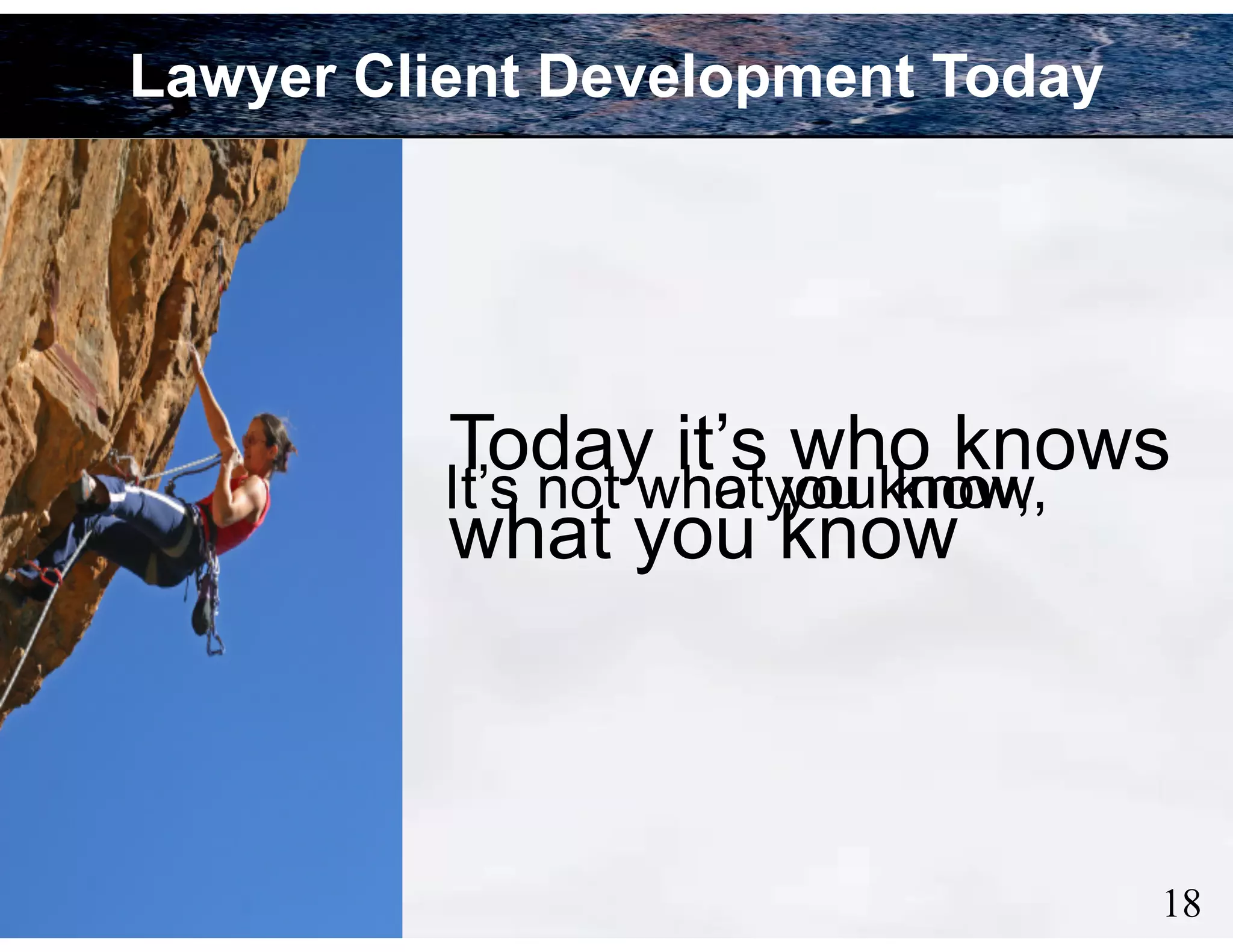 Lawyer Client Development Today

Today it’s who knows
It’s not whatyou know,
who you know,
what you know

!18

 