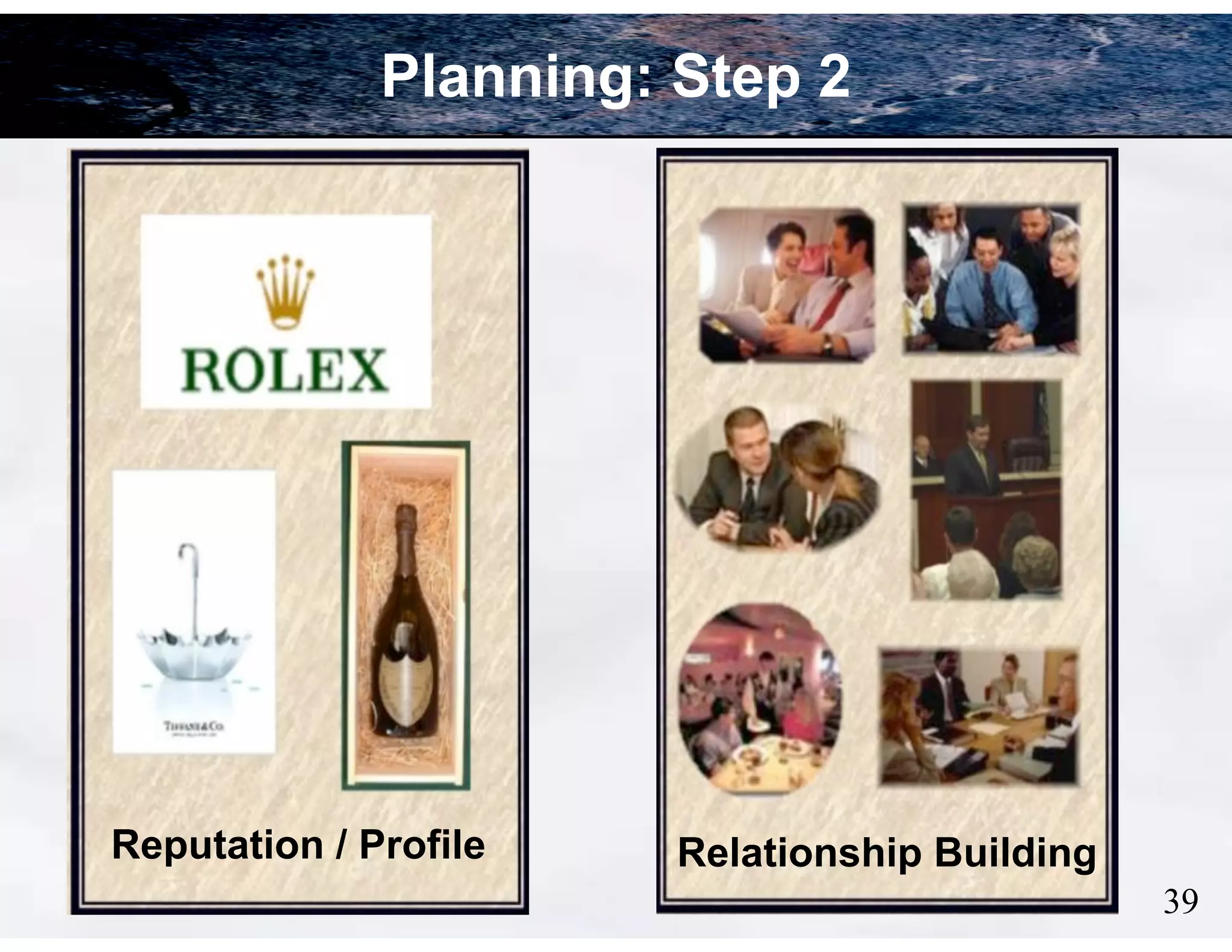 Planning: Step 2

Reputation / Profile

Relationship Building
!39

 