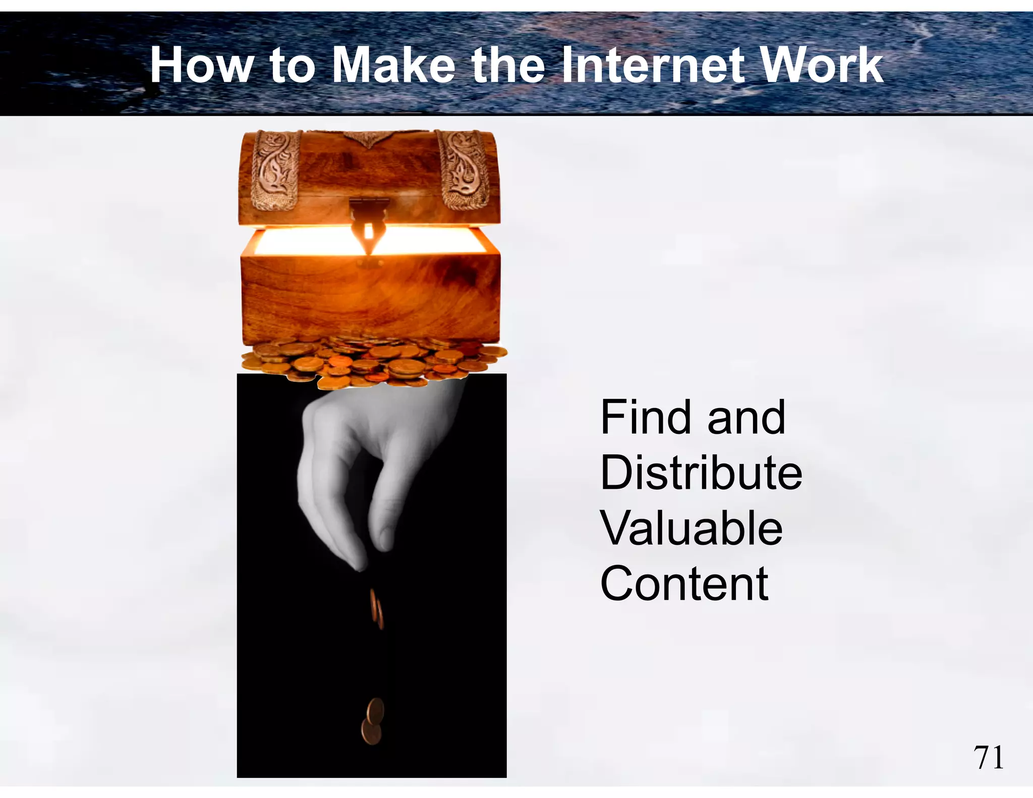How to Make the Internet Work

Find and
Distribute
Valuable
Content

!71

 