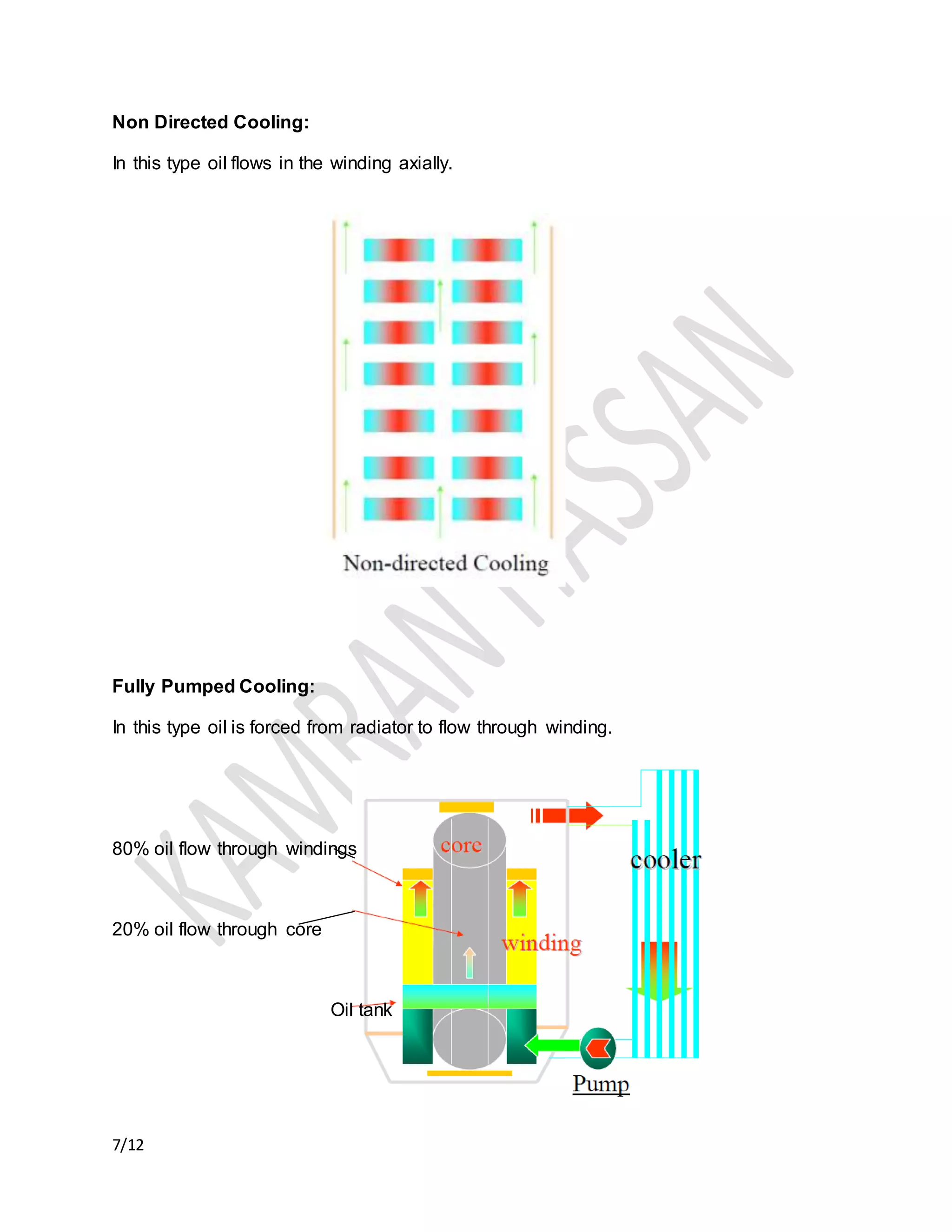 7/12
Non Directed Cooling:
In this type oil flows in the winding axially.
Fully Pumped Cooling:
In this type oil is forced from radiator to flow through winding.
80% oil flow through windings
20% oil flow through core
Oil tank
 