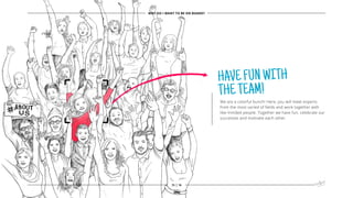 HAVEFUNWITH
THETEAM!
We are a colorful bunch! Here, you will meet experts
from the most varied of fields and work together with
like-minded people. Together we have fun, celebrate our
successes and motivate each other.
WHY DO I WANT TO BE ON BOARD?
15 | 16
 