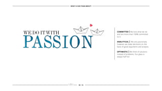 COMMITTED | We love what we do
and are more than 100% committed
to it.
ANALYTICAL | We are passionate,
however we make decisions on the
basis of good arguments and analysis.
OPTIMISTIC | We think of solutions
instead of problems. Our glass is
always half-full.
WE DO ITWITH
WHAT IS OUR TEAM ABOUT?
08 | 16
 