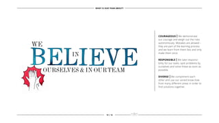 WE
OURSELVES & IN OURTEAM
IN
COURAGEOUS | We demonstrate
our courage and weigh out the risks
autonomously. Mistakes are allowed –
they are part of the learning process
and we learn from them fast and only
make them once.
RESPONSIBLE | We take responsi-
bility for our tasks, spot problems by
ourselves and solve these as soon as
possible.
DIVERSE | We compliment each
other and use our varied know-how
from many different areas in order to
find solutions together.
WHAT IS OUR TEAM ABOUT?
10 | 16
 
