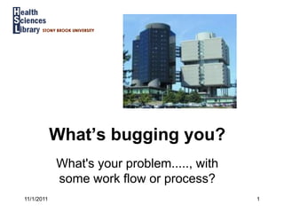 What’s bugging you?
            What's your problem....., with
            some work flow or process?
11/1/2011                                    1
 