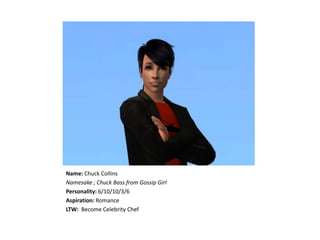 Name:Chuck CollinsNamesake ; Chuck Bass from Gossip GirlPersonality: 6/10/10/3/6Aspiration:RomanceLTW:  Become Celebrity Chef