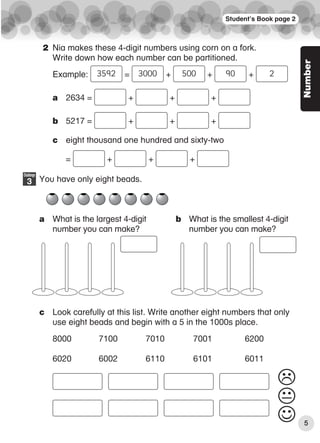 Student’s Book page 2
Number
2 Nia makes these 4-digit numbers using corn on a fork.
Write down how each number can be partitioned.
Example: 3592 = 3000 + 500 + 90 + 2
a 2634 = + + +
b 5217 = + + +
c eight thousand one hundred and sixty-two
= + + +
You have only eight beads.
a What is the largest 4-digit
number you can make?
b What is the smallest 4-digit
number you can make?
c Look carefully at this list. Write another eight numbers that only
use eight beads and begin with a 5 in the 1000s place.
8000 7100 7010 7001 6200
6020 6002 6110 6101 6011
Challenge
3
5
6359_CIE_Maths_WB4_BOOK.indb 5
6359_CIE_Maths_WB4_BOOK.indb 5 04/08/2016 13:08
04/08/2016 13:08
 