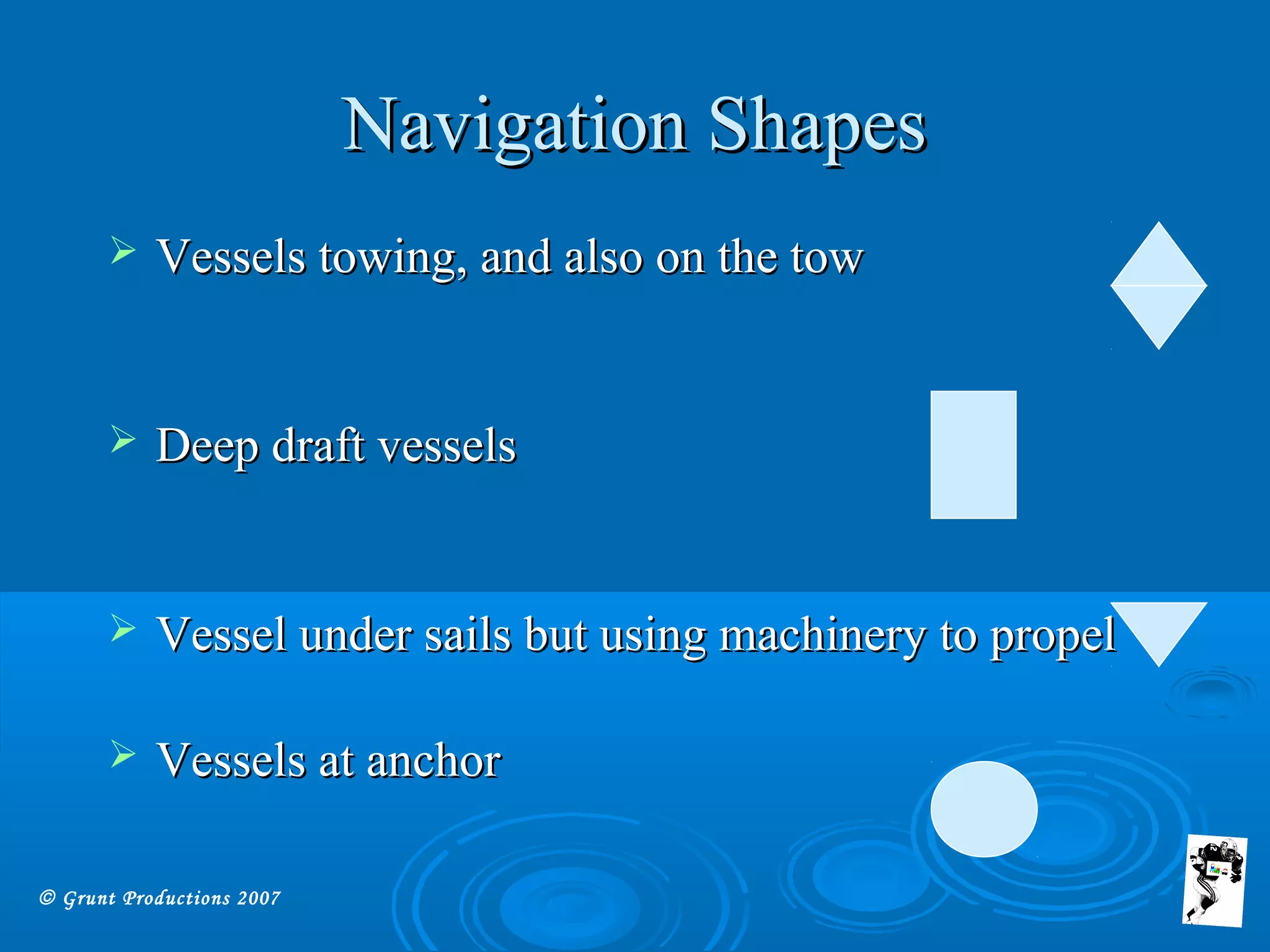 © Grunt Productions 2007
Navigation ShapesNavigation Shapes
 Vessels towing, and also on the towVessels towing, and also on the tow
 Deep draft vesselsDeep draft vessels
 Vessel under sails but using machinery to propelVessel under sails but using machinery to propel
 Vessels at anchorVessels at anchor
 