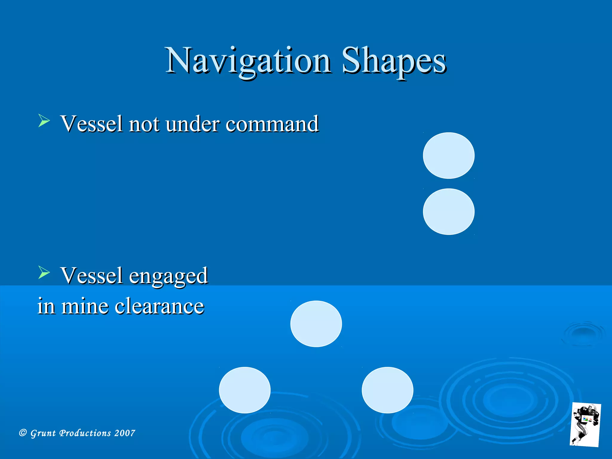 © Grunt Productions 2007
Navigation ShapesNavigation Shapes
 Vessel not under commandVessel not under command
 Vessel engagedVessel engaged
in mine clearancein mine clearance
 