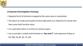  Separate Chaining(Open Hashing):
• Separate list of all elements mapped to the same value is maintained.
• The idea is to make each bucket of hash table point to a linked list of records that
have same hash function value.
• It is used when there is no limit on memory space.
• Let us consider a simple hash function as “key mod 7” and sequence of keys as
50, 700, 76, 85, 92, 73, 101.
DEPARTMENT OF COMPUTER ENGINEERING, Sanjivani COE, Kopargaon 4
 