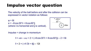 Impulse vector question
Impulse = change in momentum
The velocity of the ball before and after the collision can be
expressed in vector notation as follows:
I = mv – mu = 2 × (–8cos30°i + 8cos60°j) – 2 × 6i
u = 6i
v = –8cos30°i + 8cos60°j
(where i is horizontal and j is vertical). After
2
8ms-1
30°
I = 2 × (–43i + 4j) – 12i
 