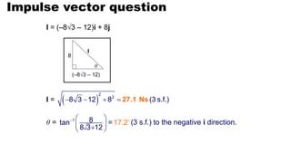 Impulse vector question
 
2
2
8 3 12 8 (3 s.f.)
    27.1 Ns
(–83 – 12)
8
θ
I
I =
θ = (3 s.f.) to the negative i direction.
1 8
8 3 12
tan 7
=1 .2


 
 
 
I = (–83 – 12)i + 8j
 