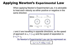 Applying Newton’s Experimental Law
When applying Newton’s Experimental Law, it is advisable
to treat each velocity as either positive or negative in the
same direction.
v2 – v1 = –e(u2 – u1)
So Newton’s Experimental Law can be expressed as:
A and B are travelling in opposite directions, so the speed
of approach is u1 + (–u2) and the speed of separation is
(–v1) + v2.
Before
After
u1 –u2
–v1 v2
A B
 