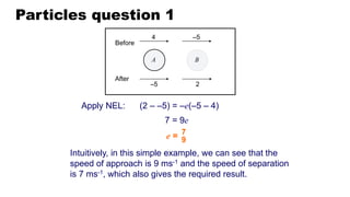 Particles question 1
Before
After
4 –5
–5 2
7 = 9e
7
9
Intuitively, in this simple example, we can see that the
speed of approach is 9 ms-1 and the speed of separation
is 7 ms-1, which also gives the required result.
Apply NEL: (2 – –5) = –e(–5 – 4)
e =
A B
 