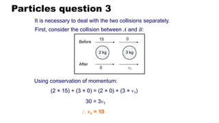 Particles question 3
It is necessary to deal with the two collisions separately.
First, consider the collision between A and B:
Using conservation of momentum:
(2 × 15) + (3 × 0) = (2 × 0) + (3 × v1)
30 = 3v1
 v1 = 10
15 0
v1
0
Before
After
2 kg 3 kg
 