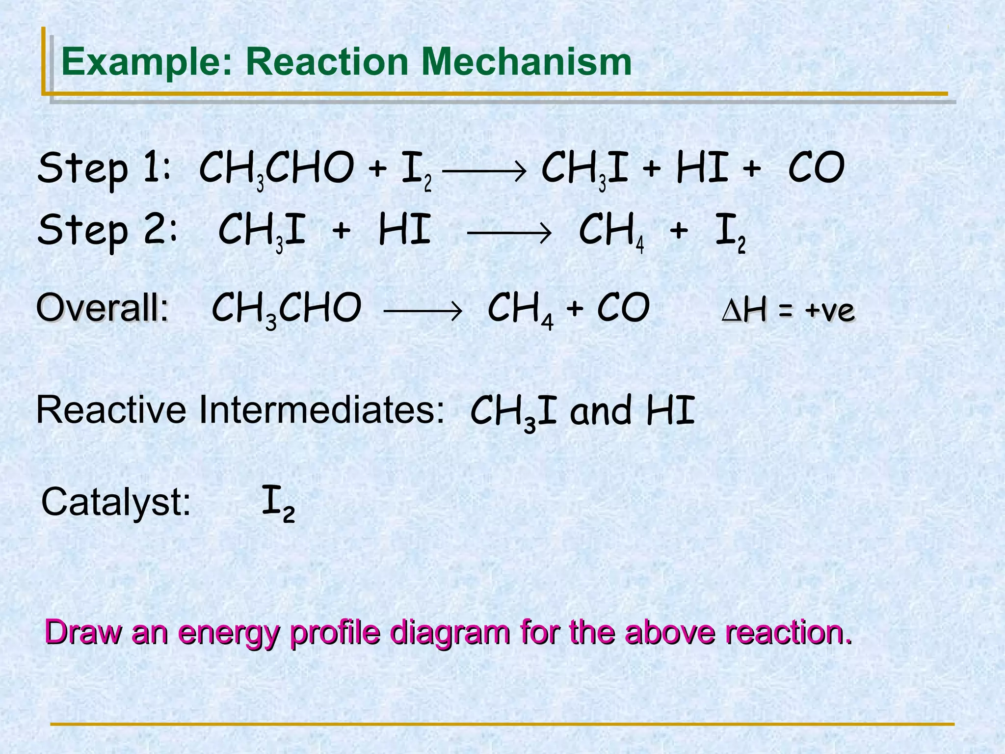 Example: Reaction Mechanism
Step 1: CH3CHO + I2 → CH3I + HI + CO
Step 2: CH3I + HI → CH4 + I2
Draw an energy profile diagram for the above reaction.Draw an energy profile diagram for the above reaction.
Overall:Overall: CH3CHO → CH4 + CO ∆∆H = +veH = +ve
Reactive Intermediates: CH3I and HI
Catalyst: I2
 
