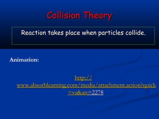 Collision Theory
    Reaction takes place when particles collide.



Animation:

                       http://
  www.absorblearning.com/media/attachment.action?quick
                     =vs&att=2278
 