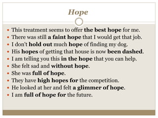 Hope
 This treatment seems to offer the best hope for me.
 There was still a faint hope that I would get that job.
 I don't hold out much hope of finding my dog.
 His hopes of getting that house is now been dashed.
 I am telling you this in the hope that you can help.
 She felt sad and without hope.
 She was full of hope.
 They have high hopes for the competition.
 He looked at her and felt a glimmer of hope.
 I am full of hope for the future.
 