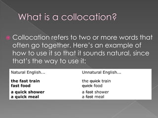    Collocation refers to two or more words that
    often go together. Here’s an example of
    how to use it so that it sounds natural, since
    that’s the way to use it:
    Natural English...    Unnatural English...

    the fast train        the quick train
    fast food             quick food
    a quick shower        a fast shower
    a quick meal          a fast meal
 