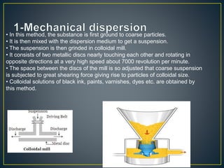 • In this method, the substance is first ground to coarse particles.
• It is then mixed with the dispersion medium to get a suspension.
• The suspension is then grinded in colloidal mill.
• It consists of two metallic discs nearly touching each other and rotating in
opposite directions at a very high speed about 7000 revolution per minute.
• The space between the discs of the mill is so adjusted that coarse suspension
is subjected to great shearing force giving rise to particles of colloidal size.
• Colloidal solutions of black ink, paints, varnishes, dyes etc. are obtained by
this method.
 