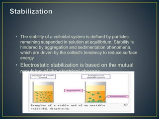 • The stability of a colloidal system is defined by particles
remaining suspended in solution at equilibrium. Stability is
hindered by aggregation and sedimentation phenomena,
which are driven by the colloid's tendency to reduce surface
energy
• Electrostatic stabilization is based on the mutual
repulsion of like electrical charges
 