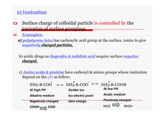 2) Ionization
o Surface charge of colloidal particle is controlled by the
ionization of surface groupings
o Examples;
a) polystyrene latex has carboxylic acid group at the surface, ionize to give
negatively charged particles.
b) acidic drugs as ibuprofen & nalidixic acid acquire surface negative
charged.
c) Amino acids & proteins have carboxyl & amino groups whose ionization
depend on the pH as follow;
-
NH3-R-COO
-
NH3-R-COOH
+ +
At high PH
Alkaline medium
Negatively charged
COOH COO-
Zwitter ion
Iso electric point
Zero charge
At low PH
Acidic medium
Positively charged
NH2 NH3+
NH2-R-COO
 