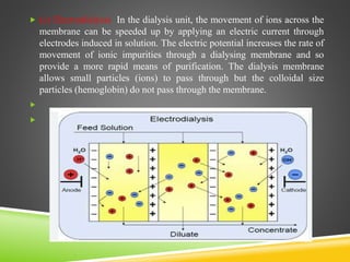  (c) Electrodialysis In the dialysis unit, the movement of ions across the
membrane can be speeded up by applying an electric current through
electrodes induced in solution. The electric potential increases the rate of
movement of ionic impurities through a dialysing membrane and so
provide a more rapid means of purification. The dialysis membrane
allows small particles (ions) to pass through but the colloidal size
particles (hemoglobin) do not pass through the membrane.


 