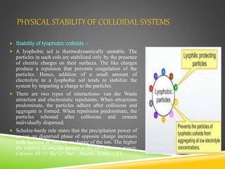 PHYSICAL STABILITY OF COLLOIDAL SYSTEMS
 Stability of lyophobic colloids :-
 A lyophobic sol is thermodynamically unstable. The
particles in such cols are stabilized only by the presence
of electric charges on their surfaces. The like charges
produce a repulsion that prevents coagulation of the
particles. Hence, addition of a small amount of
electrolyte to a lyophobic sol tends to stabilize the
system by imparting a charge to the particles.
 There are two types of interactions- van der Waals
attraction and electrostatic repulsions. When attractions
predominate, the particles adhere after collisions and
aggregate is formed. When repulsions predominate, the
particles rebound after collisions and remain
individually dispersed.
 Schulze-hardy rule states that the precipitation power of
an ion on dispersed phase of opposite charge increases
with increase in valence or charge of the ion. The higher
the valency of ion, the greater is the precipitation power.
Cations: Al+3> Ba+2> Na+ Anions: SO42- > Cl-
 