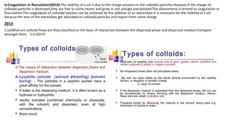 iv.Coagulation or flocculation(2016):The stability of a sol is due to the charge present on the colloidal particles.However,if the charge on
colloidal particles is destroyed,they are free to come nearer and grow in size and get precipitated.This phenomena is termed as coagulation or
flocculation.The coagulation of colloidal solution can be achieved by the addition of an electrolyte.It is necessary for the stability of a sol
because the ions of the electrolyte get adsorbed on colloidal particles and impart them some charge.
2013
1.(a)What are colloids?How are they classified on the basis of interaction between the dispersed phase and dispersed medium?compare
amongst them. 5.0 (2017)
 