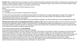 Principle: When charged molecules are placed in an electric field, they migrate toward either the positive or negative pole according to their
charge. In contrast to proteins, which can have either a net positive or net negative charge, nucleic acids have a consistent negative charge
imparted by their phosphate backbone, and migrate toward the anode.
An ion placed in such an electric field will experience a force:
Where,
F = electrophoretic force
K = a constant
q = net charge on the protein (atomic charges/protein molecule)
This force will cause the protein to accelerate towards either the cathode or the anode, depending on the sign of its charge. Of
course there are other forces such as frictional force when ions move in the electric field. The influence of them cannot be
understood easily by a formula, so we omit it.
Electrophoresis exploits the fact that different ions have different mobility in an electric field and so can be separated by this way.
Proteins and nucleic acids are electrophoresed within a matrix or "gel". Most commonly, the gel is cast in the shape of a thin slab,
with wells for loading the sample. The gel is immersed within an electrophoresis buffer that provides ions to carry a current and
some type of buffer to maintain the pH at a relatively constant value.The gel itself is composed of either agarose or polyacrylamide,
each of which has attributes suitable to particular tasks.
Factors influencing Electrophoresis:1) The buffer pH
It will influence the direction and rapid of the protein migration.
Movement of proteins depends on various aspects; one of them is the charges on the proteins. Proteins are sequence of amino acids that
can be ionized depend on their acid or basic character. The protein’s net electric charge is the sum of the electric charges found on the
surface of the molecule as a function of the environment. The rate of migration will depend on the strength of their net surface charges: The
protein that carries more +ve charges will move towards the cathode at a faster rate. On the contrary, the protein that carries more -ve
charges will move towards the anode at a faster rate. In this regard, proteins can be separated based on their electric charges.
Depending on the pH of the buffer, proteins in a sample will carry different charges. At the pI (isoelectric point) of a specific protein, the
protein molecule carries no net charge and does not migrate in an electric field.
 