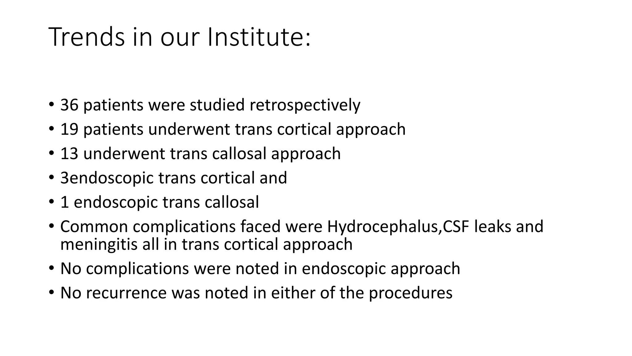 Trends in our Institute:
• 36 patients were studied retrospectively
• 19 patients underwent trans cortical approach
• 13 underwent trans callosal approach
• 3endoscopic trans cortical and
• 1 endoscopic trans callosal
• Common complications faced were Hydrocephalus,CSF leaks and
meningitis all in trans cortical approach
• No complications were noted in endoscopic approach
• No recurrence was noted in either of the procedures
 