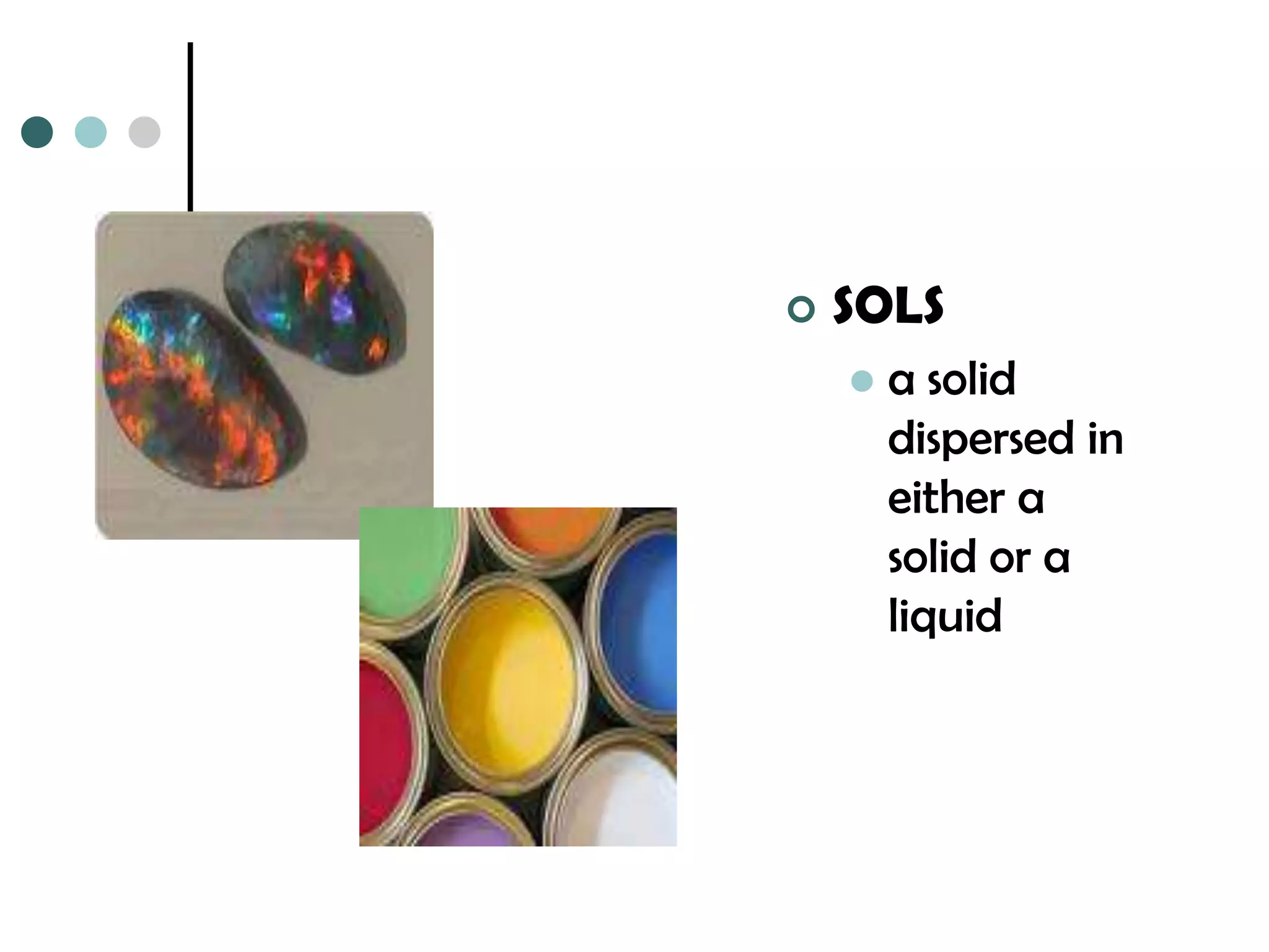    SOLS
       a solid
        dispersed in
        either a
        solid or a
        liquid
 