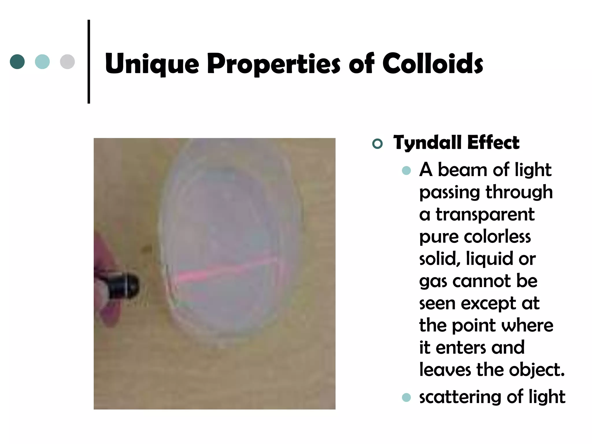 Unique Properties of Colloids

                       Tyndall Effect
                          A beam of light
                           passing through
                           a transparent
                           pure colorless
                           solid, liquid or
                           gas cannot be
                           seen except at
                           the point where
                           it enters and
                           leaves the object.
                          scattering of light
 