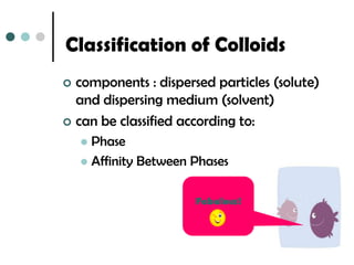 Classification of Colloids
 components : dispersed particles (solute)
  and dispersing medium (solvent)
 can be classified according to:
     Phase
     Affinity Between Phases


                       Fabulous!
 
