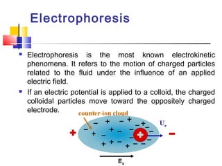 Electrophoresis
 Electrophoresis is the most known electrokinetic
phenomena. It refers to the motion of charged particles
related to the fluid under the influence of an applied
electric field.
 If an electric potential is applied to a colloid, the charged
colloidal particles move toward the oppositely charged
electrode.
 