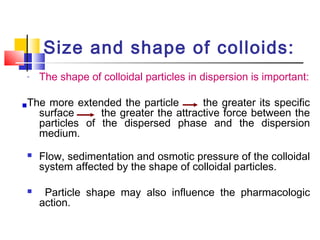 Size and shape of colloids:
- The shape of colloidal particles in dispersion is important:
The more extended the particle the greater its specific
surface the greater the attractive force between the
particles of the dispersed phase and the dispersion
medium.
 Flow, sedimentation and osmotic pressure of the colloidal
system affected by the shape of colloidal particles.
 Particle shape may also influence the pharmacologic
action.
 