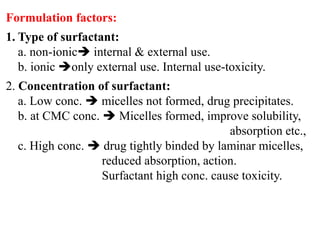 Formulation factors:
1. Type of surfactant:
a. non-ionic internal & external use.
b. ionic only external use. Internal use-toxicity.
2. Concentration of surfactant:
a. Low conc.  micelles not formed, drug precipitates.
b. at CMC conc.  Micelles formed, improve solubility,
absorption etc.,
c. High conc.  drug tightly binded by laminar micelles,
reduced absorption, action.
Surfactant high conc. cause toxicity.
 