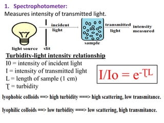 1. Spectrophotometer:
Measures intensity of transmitted light.
Turbidity-light intensity relationship
I0 = intensity of incident light
I = intensity of transmitted light
L = length of sample (1 cm)
Ʈ = turbidity
I/Io = e-ƮL
 
