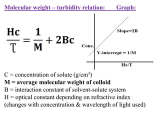 Molecular weight – turbidity relation: Graph:
C = concentration of solute (g/cm3)
M = average molecular weight of colloid
B = interaction constant of solvent-solute system
H = optical constant depending on refractive index
(changes with concentration & wavelength of light used)
 