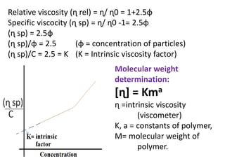 Relative viscosity (ɳ rel) = ɳ/ ɳ0 = 1+2.5ɸ
Specific viscocity (ɳ sp) = ɳ/ ɳ0 -1= 2.5ɸ
(ɳ sp) = 2.5ɸ
(ɳ sp)/ɸ = 2.5 (ɸ = concentration of particles)
(ɳ sp)/C = 2.5 = K (K = Intrinsic viscosity factor)
Molecular weight
determination:
[ɳ] = Kma
ɳ =intrinsic viscosity
(viscometer)
K, a = constants of polymer,
M= molecular weight of
polymer.
 