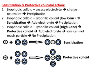 Sensitization & Protective colloidal action:
1. Lyophobic colloid + excess electrolyte  charge
neutralize  Precipitation.
2. Lyophobic colloid + Lyophilic colloid (low Conc) 
Sensitization  Add electrolyte Precipitation.
3. Lyophobic colloid + Lyophilic colloid (High Conc) 
Protective colloid  Add electrolyte  ions can not
reach particle No Precipitation.
Sensitization
Protective colloid
 