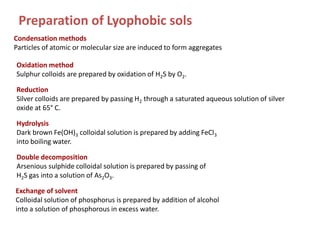 Preparation of Lyophobic sols
Condensation methods
Particles of atomic or molecular size are induced to form aggregates
Exchange of solvent
Colloidal solution of phosphorus is prepared by addition of alcohol
into a solution of phosphorous in excess water.
Oxidation method
Sulphur colloids are prepared by oxidation of H2S by O2.
Reduction
Silver colloids are prepared by passing H2 through a saturated aqueous solution of silver
oxide at 65° C.
Hydrolysis
Dark brown Fe(OH)3 colloidal solution is prepared by adding FeCl3
into boiling water.
Double decomposition
Arsenious sulphide colloidal solution is prepared by passing of
H2S gas into a solution of As2O3.
 