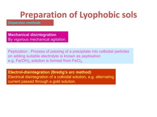 Preparation of Lyophobic sols
Dispersion methods
Mechanical disintegration
By vigorous mechanical agitation.
Peptization : Process of passing of a precipitate into colloidal particles
on adding suitable electrolyte is known as peptisation
e.g. Fe(OH)3 solution is formed from FeCl3.
Electrol-disintegration (Bredig’s arc method)
Electrical disintegration of a colloidal solution, e.g. alternating
current passed through a gold solution.
 