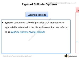 LastBenchPharmacist.blogspot.com
Types of Colloidal Systems
Lyophilic colloids
• Systems containing colloidal particles that interact to an
appreciable extent with the dispersion medium arereferred
L
•
LastBenchPharmacist.blogspot.com
to as lyophilic (solvent-loving) colloids
16
Faculty of Pharmacy © Ramaiah University of Applied Sciences
•
L
a
s
t
B
e
n
c
h
P
h
a
r
m
a
c
i
s
t
.
b
l
o
g
s
p
o
t
.
c
o
m
 