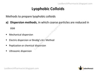 LastBenchPharmacist.blogspot.com
Lyophobic Colloids
Methods to prepare lyophobic colloids
a) Dispersion methods, in which coarse particles are reduced in
size
 Mechanical dispersion
LastBenchPharmacist.blogspot.com 24
Faculty of Pharmacy © Ramaiah University of Applied Sciences
 Mechanical dispersion
 Electric dispersion or Bredig’s Arc Method
 Peptization or chemical dispersion
 Ultrasonic dispersion
L
a
s
t
B
e
n
c
h
P
h
a
r
m
a
c
i
s
t
.
b
l
o
g
s
p
o
t
.
c
o
m
 