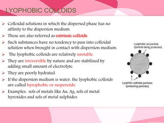 LYOPHOBIC COLLOIDS
 Colloidal solutions in which the dispersed phase has no
affinity to the dispersion medium.
 These are also referred as extrinsic colloids.
 Such substances have no tendency to pass into colloidal
solution when brought in contact with dispersion medium.
 The lyophobic colloids are relatively unstable.
 They are irreversible by nature and are stabilized by
adding small amount of electrolyte.
 They are poorly hydrated.
 If the dispersion medium is water, the lyophobic colloids
are called hyrophobic or suspenoids.
 Examples: sols of metals like Au, Ag, sols of metal
hyroxides and sols of metal sulphides.
 